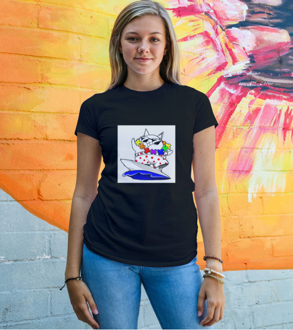 Cartoon Cats Surfing Hawaiian Style With Flower Lei And Polka Dots T-Shirt