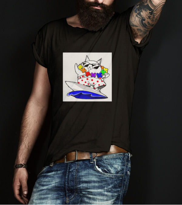 Cartoon Cats Surfing Hawaiian Style With Flower Lei And Polka Dots T-Shirt
