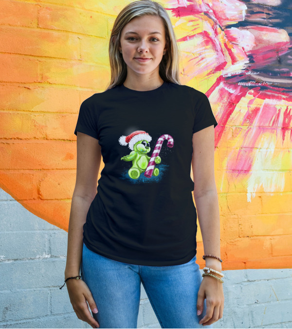 Christmas Bear Gummy Candy Cane Santa Hat T-Shirt