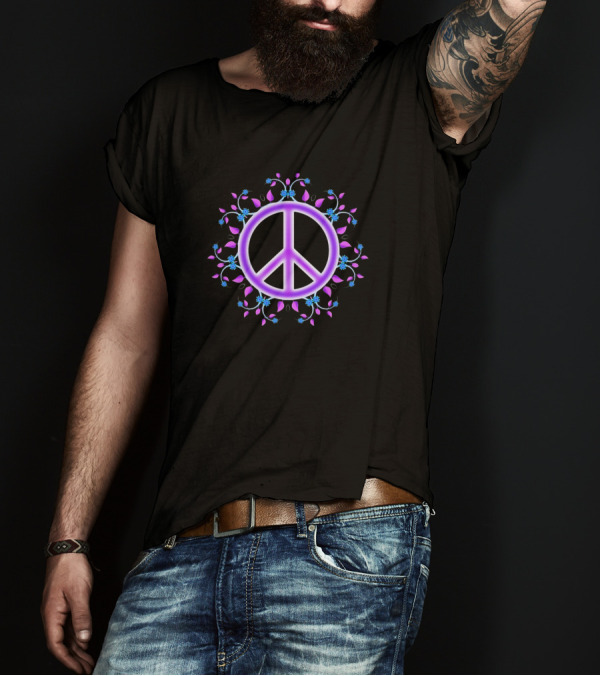 Peace Sign Purple Mandala With Floral Border T-Shirt