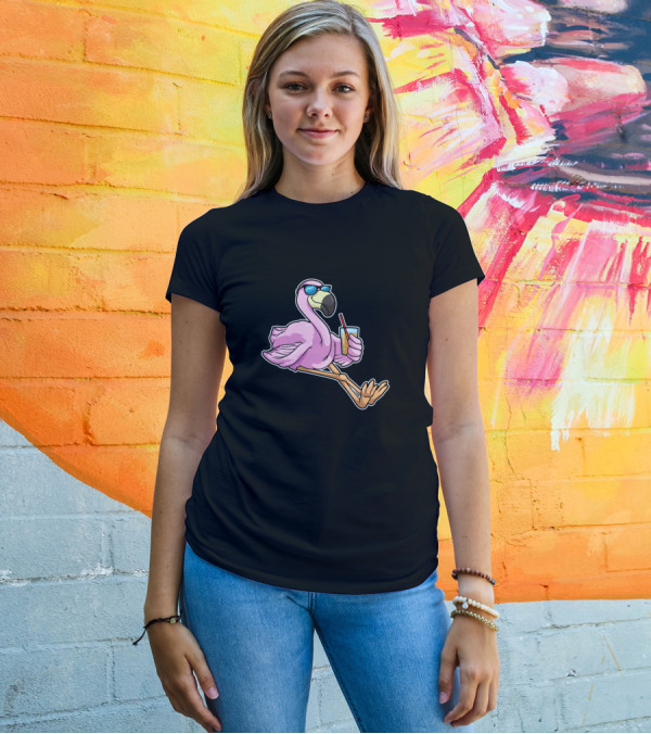 Flamingo Sipping Drink Through Straw With Sunglasses T-Shirt