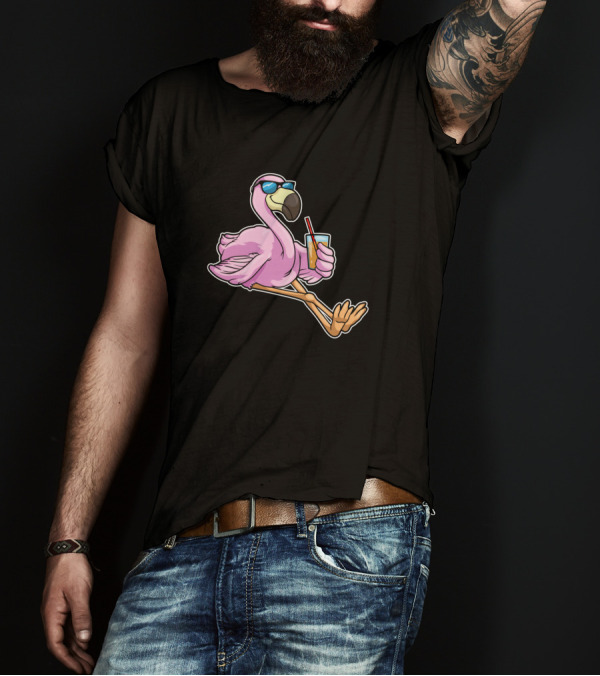 Flamingo Sipping Drink Through Straw With Sunglasses T-Shirt