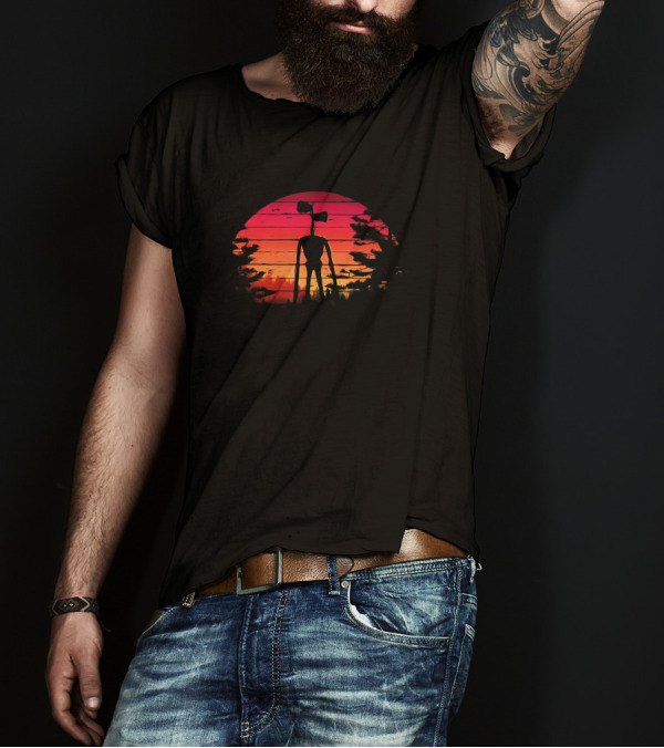 Vintage Retro Sunset Silhouette Of Scary Siren Head Creepypasta Horror T-Shirt