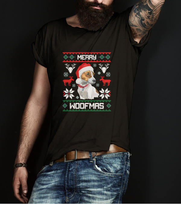 Merry Woofmas Jack Russell Terrier Dog Santa Hat Christmas Reindeer Snowflakes T-Shirt
