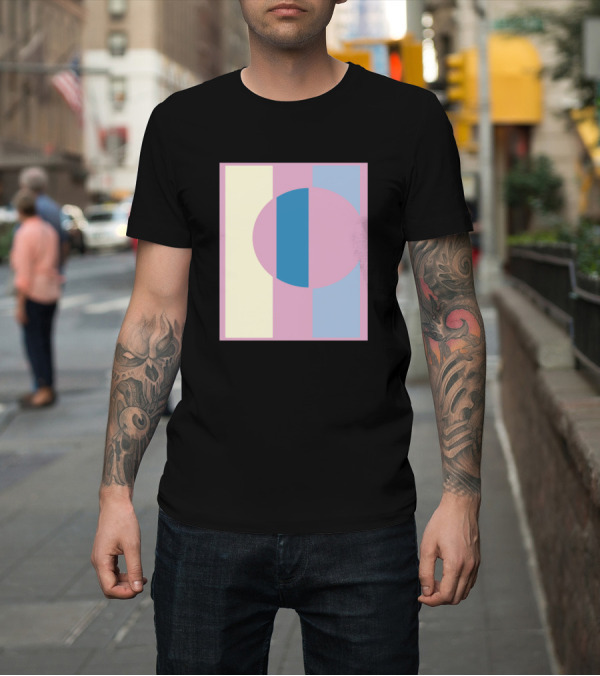 Shirt: Pink Circle with Blue and Yellow Geometric Shapes T-Shirt Pink Circle with Blue and Yellow Geometric Shapes T-Shirt