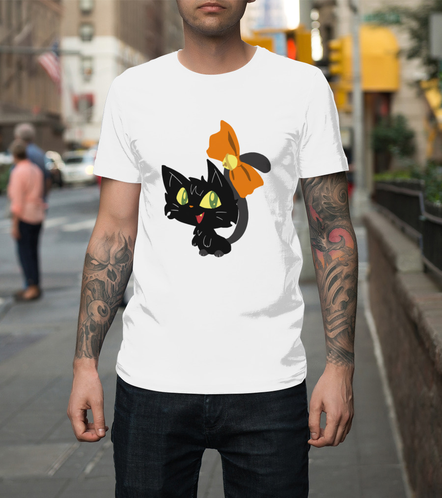 Black Kitten with Orange Ribbon Halloween Cat Kitty T-Shirt