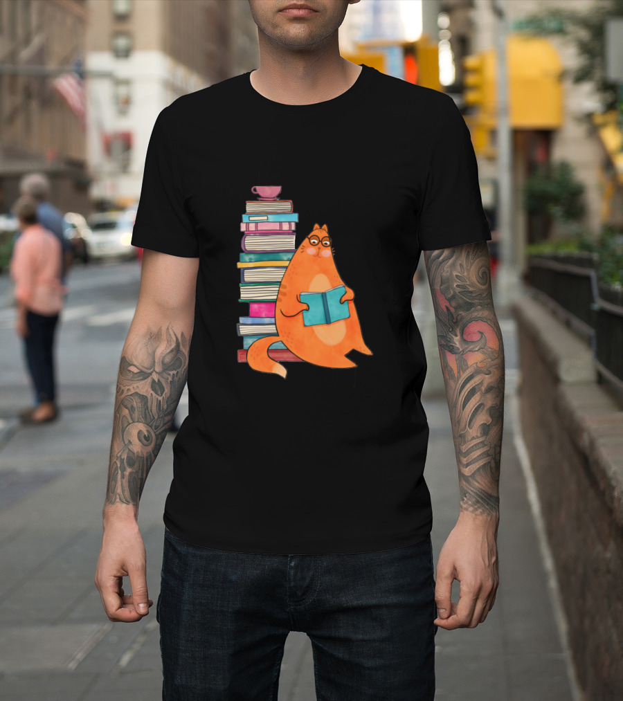 Orange Cat Reading Next to Towering Stack of Books and Teacup T-Shirt