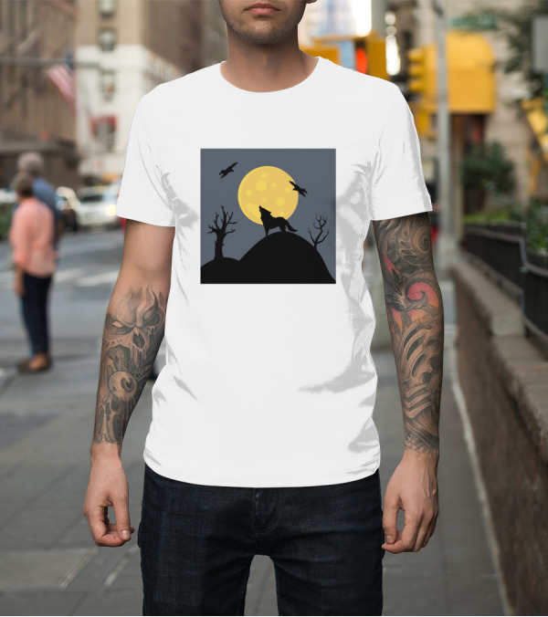 Shirt: Howling Wolf Silhouette Under Full Moon with Barren Trees and Birds in Night Sky T-Shirt Howling Wolf Silhouette Under Full Moon with Barren Trees and Birds in Night Sky T-Shirt
