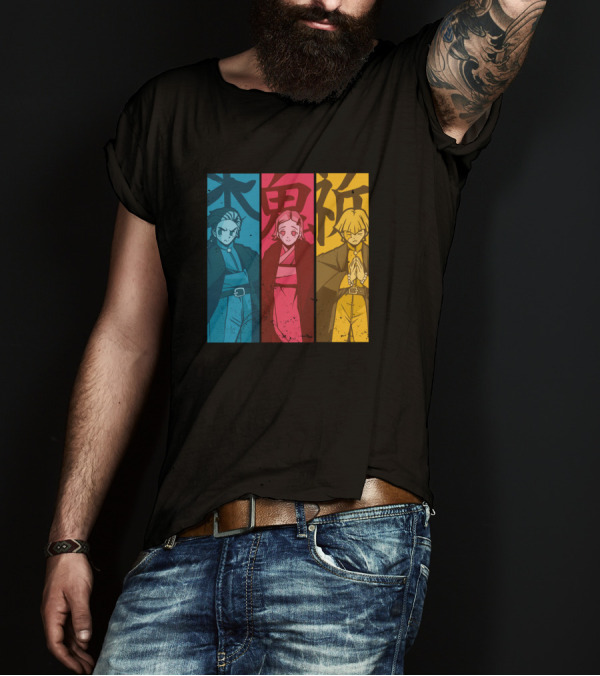 Anime Manga Style Kawaii Girl With Blue Red Yellow Panels And Japanese Text T-Shirt