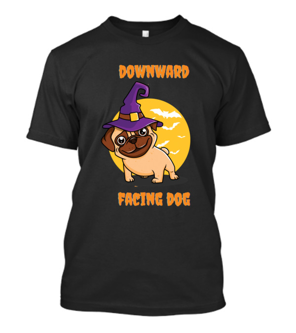 Downward Facing Dog Halloween Witch Hat Bat Moon T-Shirt