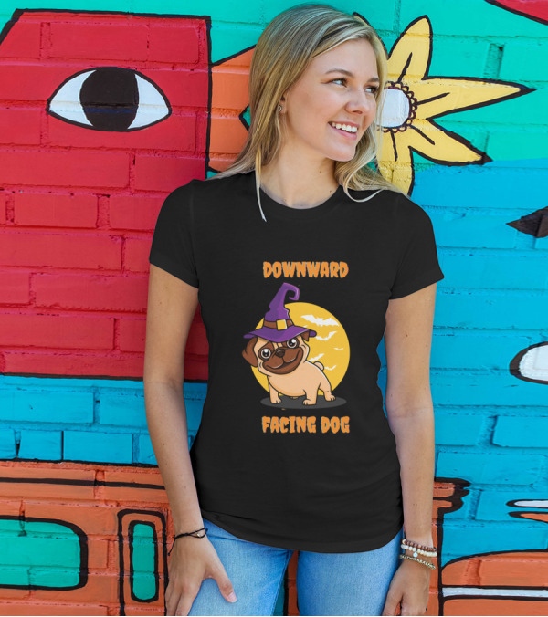 Downward Facing Dog Halloween Witch Hat Bat Moon T-Shirt