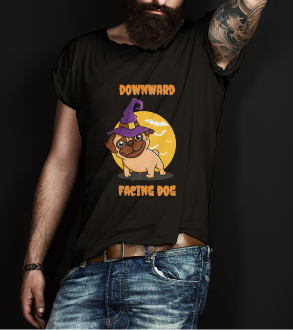 Downward Facing Dog Halloween Witch Hat Bat Moon T-Shirt