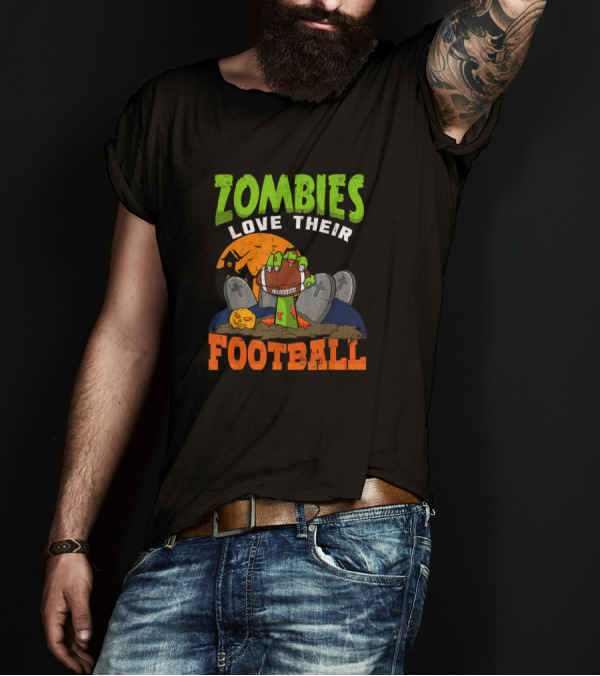 Zombies Love Their Football Halloween Graveyard Night Scene T-Shirt