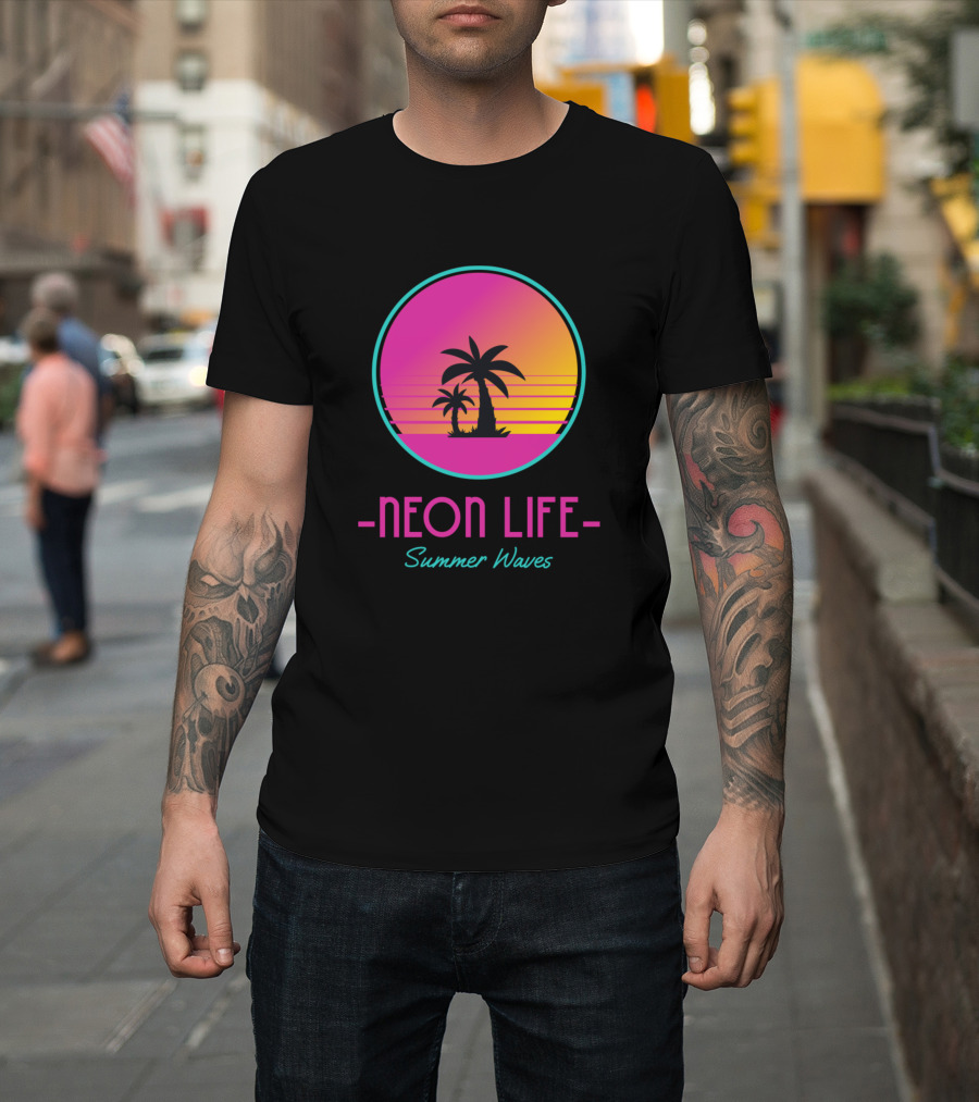 Neon Life Summer Waves Palm Sunset Circle T-Shirt