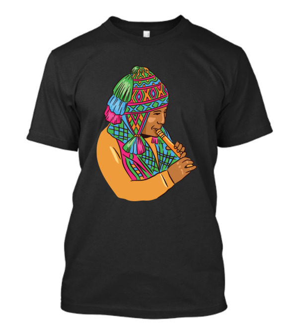 Peruvian Musician Playing Traditional Andean Pan Flute In Colorful Attire T-Shirt