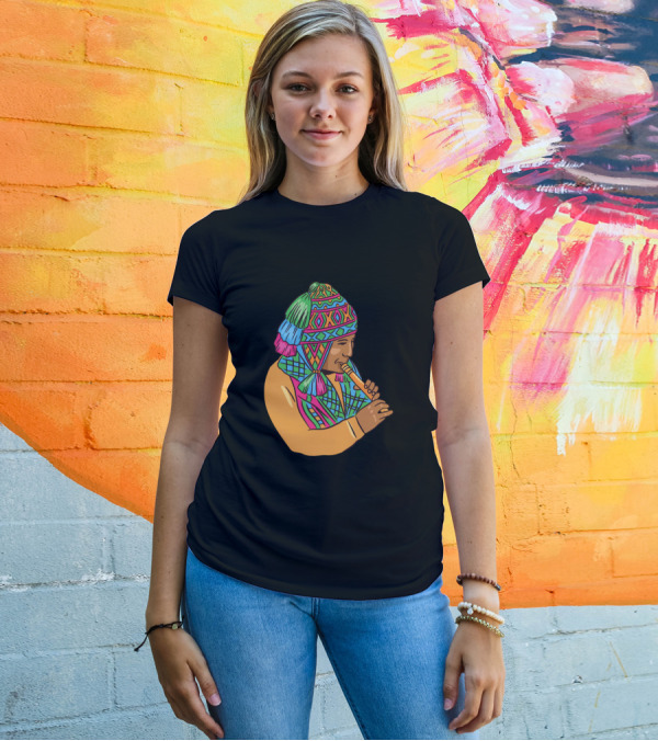Peruvian Musician Playing Traditional Andean Pan Flute In Colorful Attire T-Shirt
