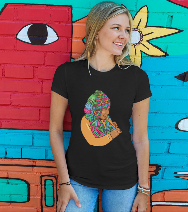 Peruvian Musician Playing Traditional Andean Pan Flute In Colorful Attire T-Shirt