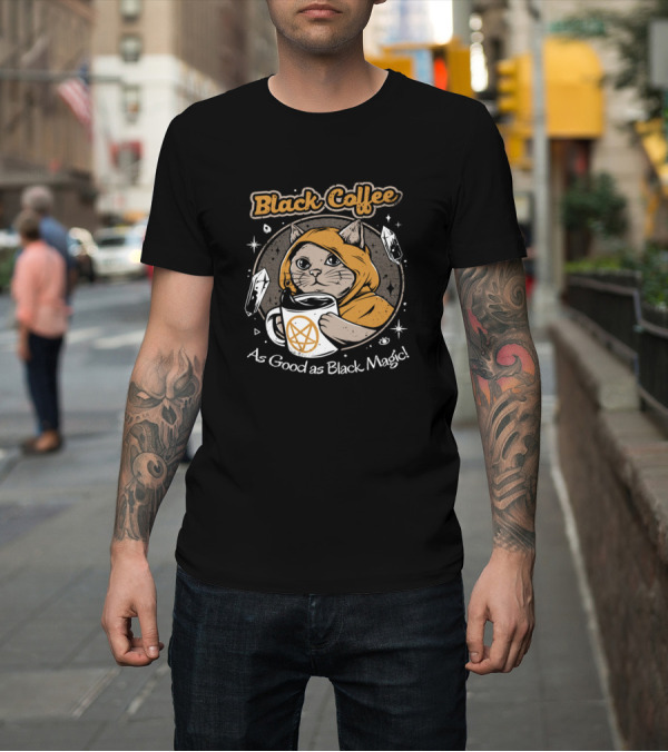 Shirt: Black Coffee Cat Hooded in Magic Crystals and Pentagram Mug T-Shirt Black Coffee Cat Hooded in Magic Crystals and Pentagram Mug T-Shirt