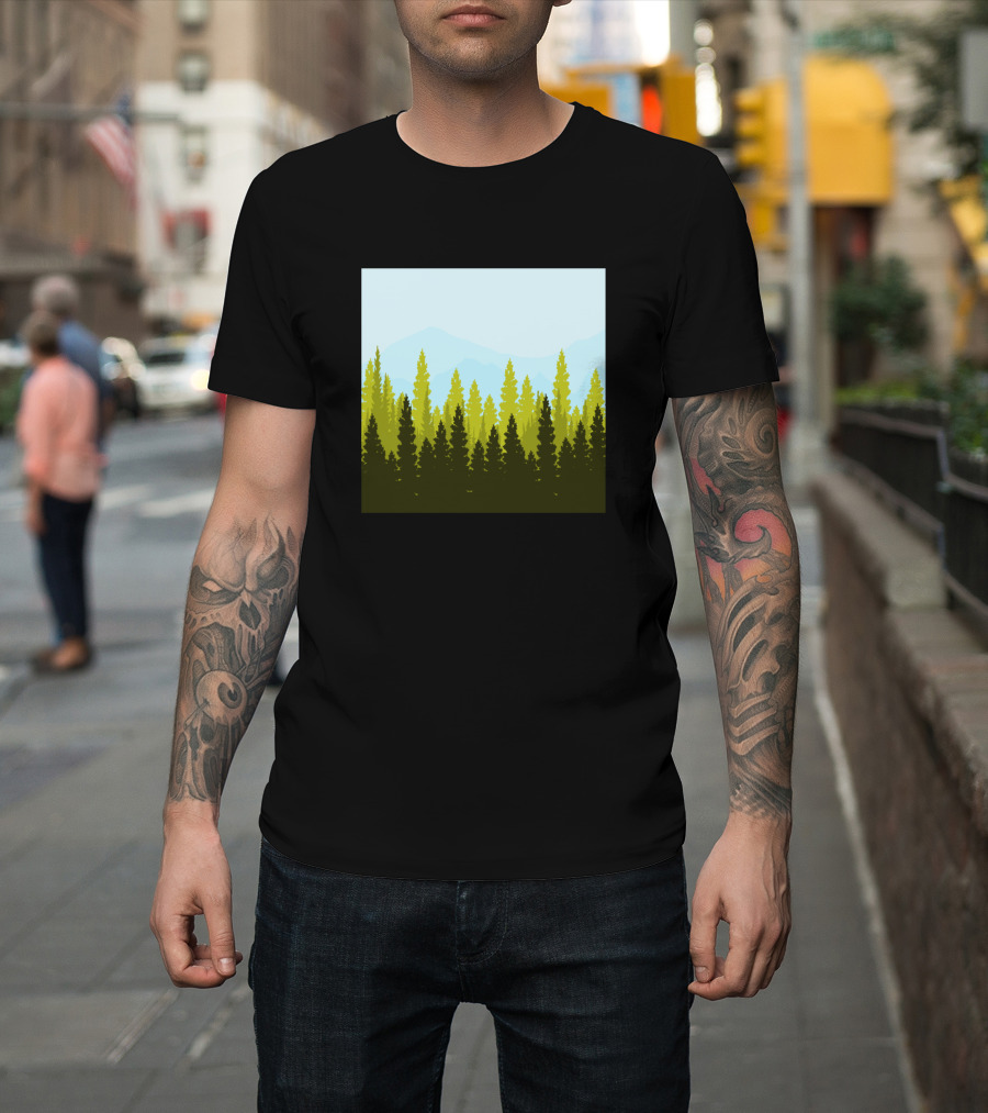 Blue Yellow Forest Landscape with Mountains and Trees T-Shirt