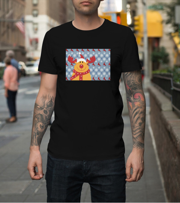 Shirt: Happy Rudolf the Reindeer with Snowflakes and Santa Hat T-Shirt Happy Rudolf the Reindeer with Snowflakes and Santa Hat T-Shirt