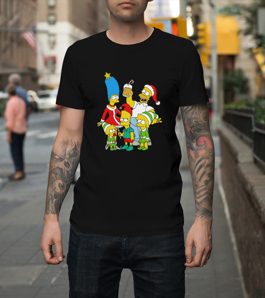 Simpsons Christmas Family with Homer Santa Hat and Beer T-Shirt