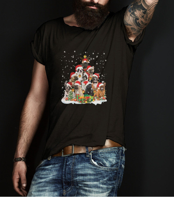 Christmas Santa Hat French Bulldog Holiday Tree T-Shirt