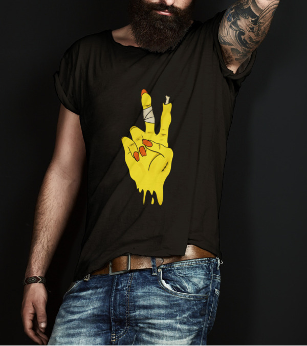 Zombie Peace Hand Sign With Bandaged Fingers And Yellow Melting Effect T-Shirt