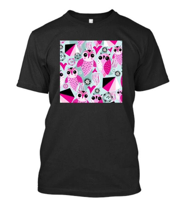 Pink Owl Pattern With Hearts And Geometric Shapes T-Shirt
