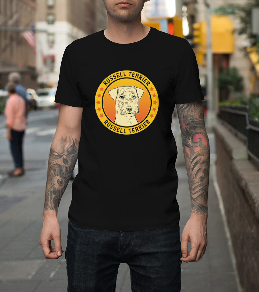 Russell Terrier Dog Round Emblem with Stars T-Shirt