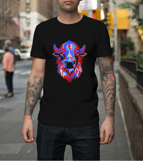 Shirt: Buffalo Head in Vibrant Blue and Red Palette T-Shirt Buffalo Head in Vibrant Blue and Red Palette T-Shirt