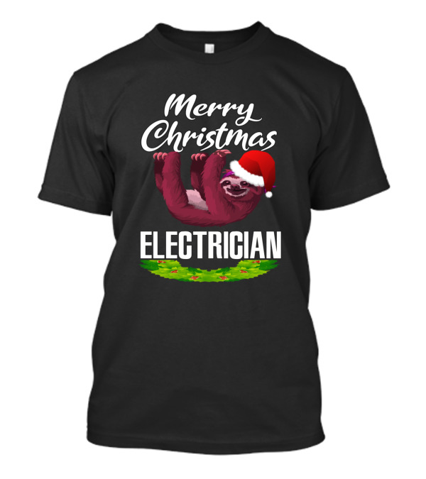 Merry Christmas Electrician Sloth Santa Hat Holiday Wreath T-Shirt