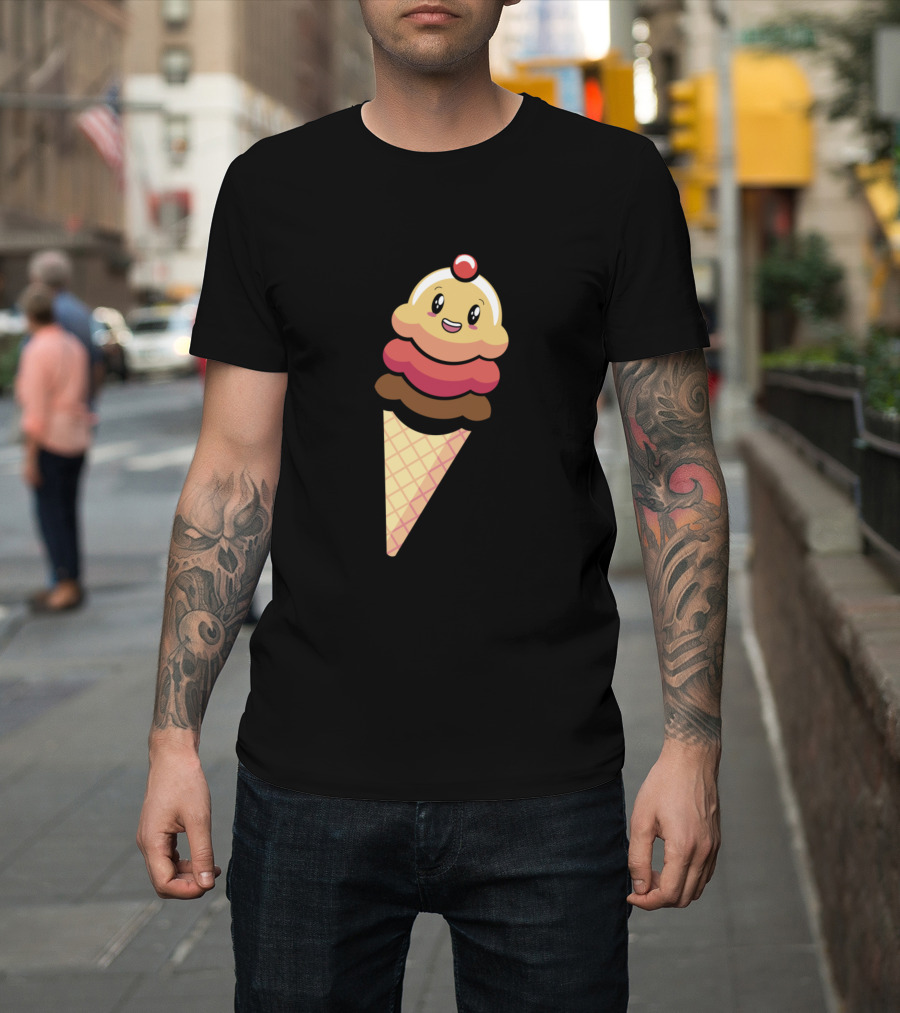 Kawaii Smiling Ice Cream Cone With Cherry Top T-Shirt