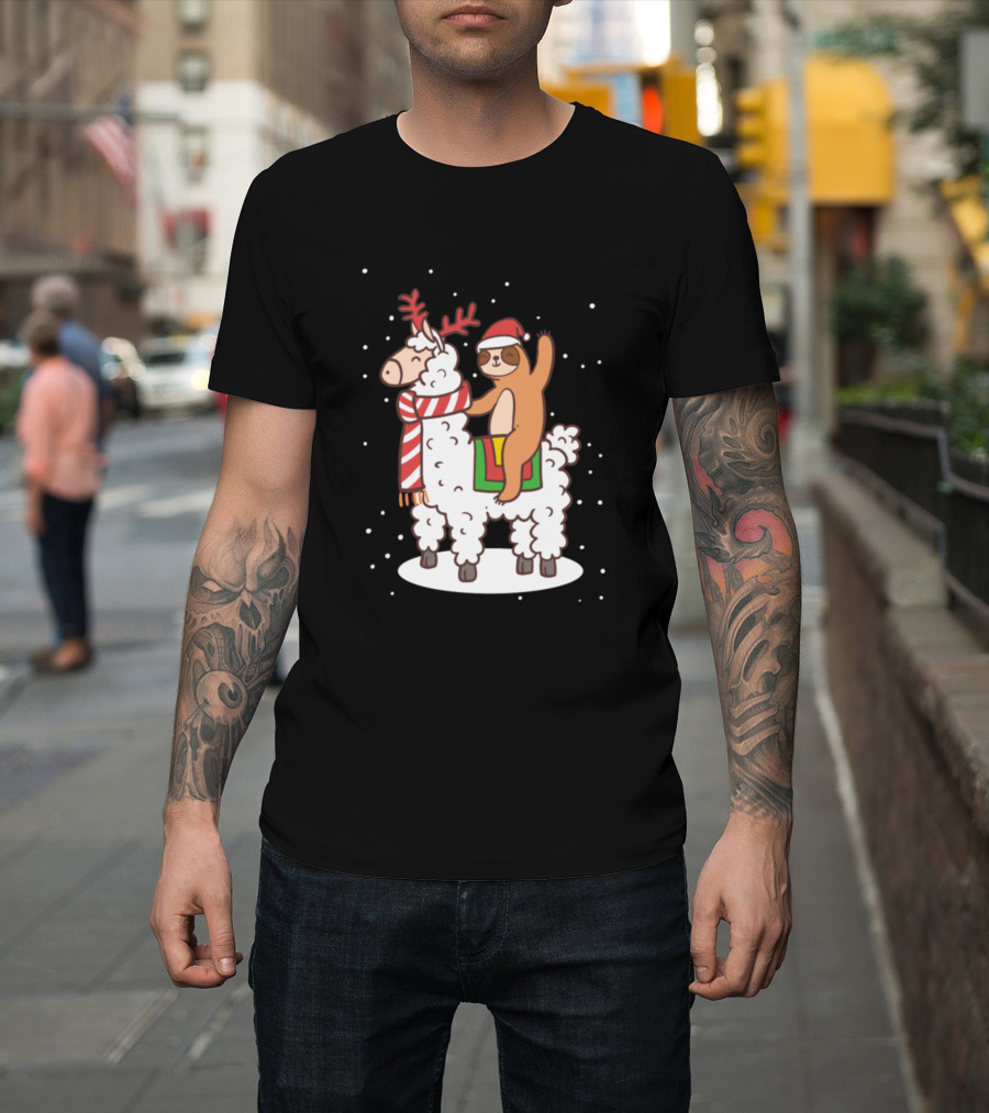 Alpaca Sloth Christmas Ride Snow Santa Hat Scarf T-Shirt