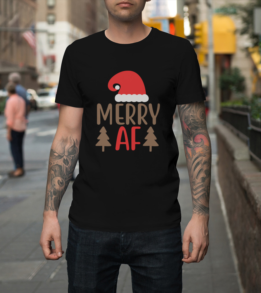Merry AF Santa Hat with Christmas Trees T-Shirt