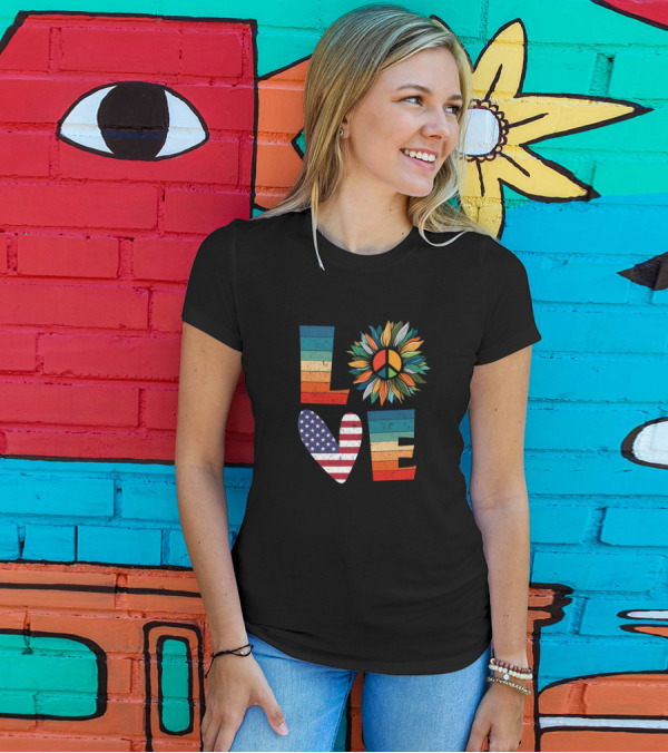 LOVE Peace Symbol Sunflower American Flag #PaverOperatorLife T-Shirt