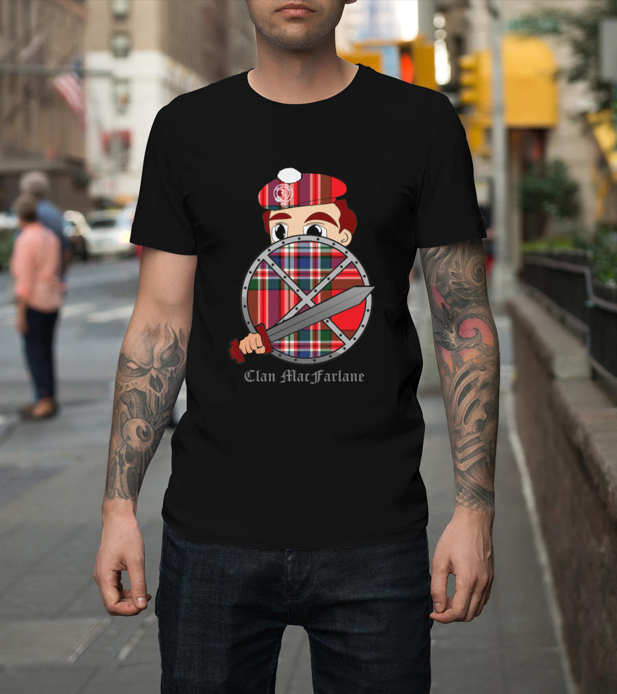 Clan MacFarlane Tartan Shield and Sword Scottish Cartoon Character T-Shirt