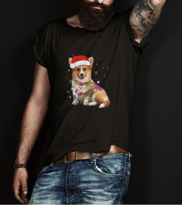 Corgi Santa Wrapped In Christmas Tree Lights With Snowflakes T-Shirt