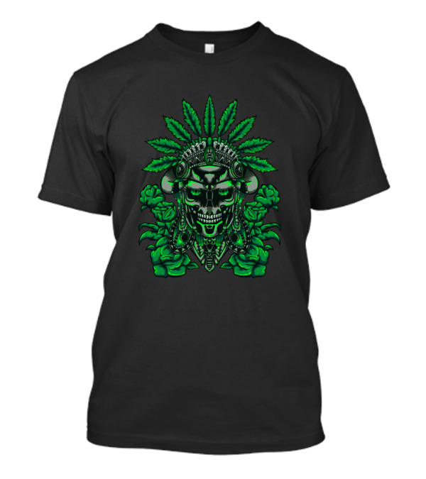 Iron Tribe Warrior Skull With Cannabis Headdress And Green Rose Elements T-Shirt