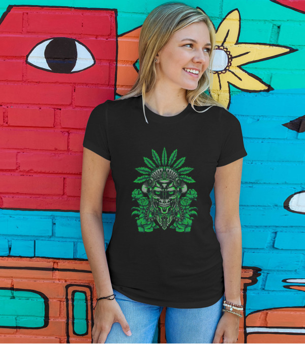 Iron Tribe Warrior Skull With Cannabis Headdress And Green Rose Elements T-Shirt
