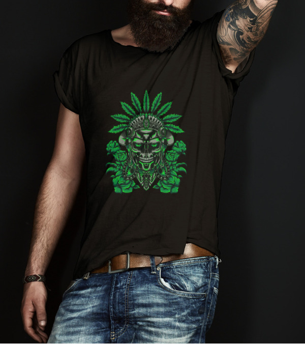 Iron Tribe Warrior Skull With Cannabis Headdress And Green Rose Elements T-Shirt