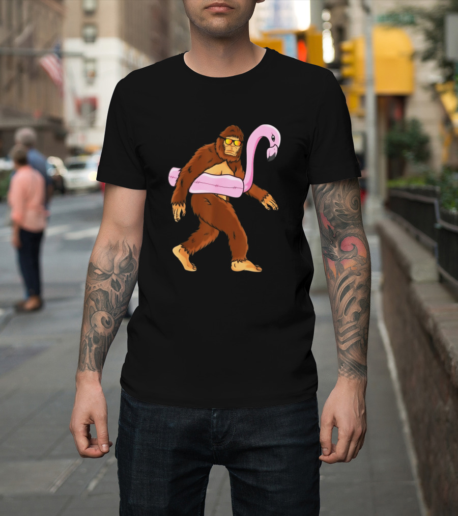 Bigfoot Sasquatch Pool Party Pink Flamingo Float T-Shirt