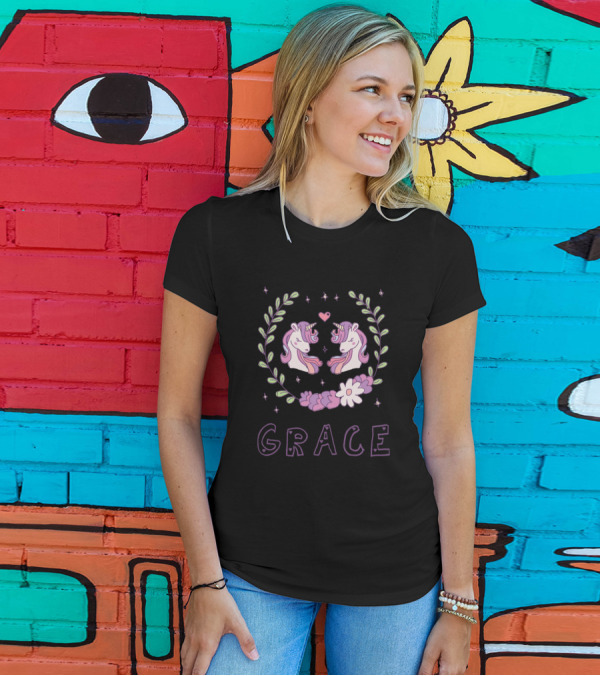 GRACE Unicorns With Floral Heart And Sparkles T-Shirt