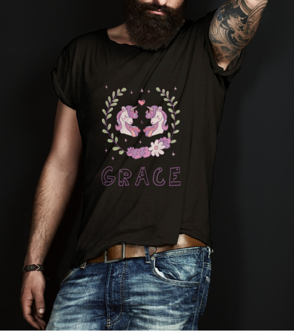 GRACE Unicorns With Floral Heart And Sparkles T-Shirt