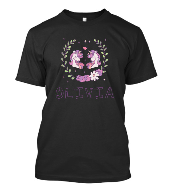 Olivia Unicorns With Floral Heart And Stars T-Shirt
