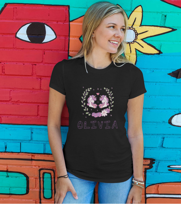 Olivia Unicorns With Floral Heart And Stars T-Shirt