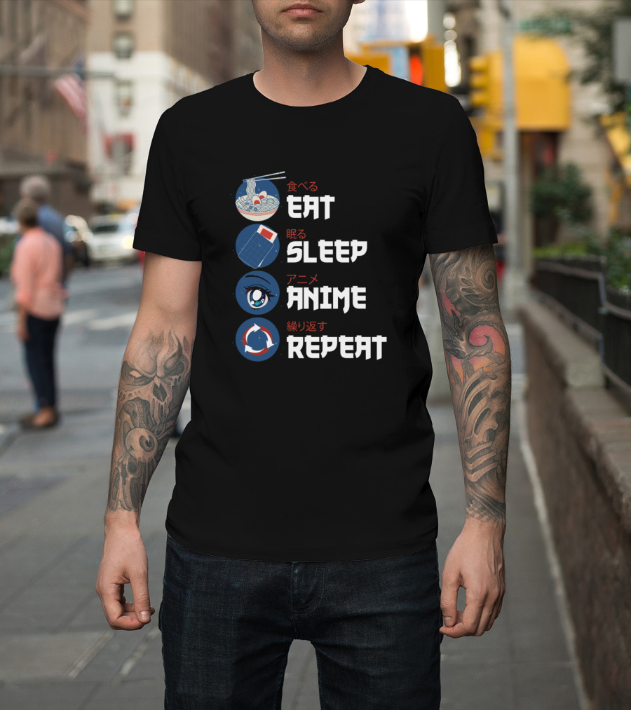 Eat Sleep Anime Repeat Funny Anime Manga Japanese Text Noodles Eye Dice Icons T-Shirt