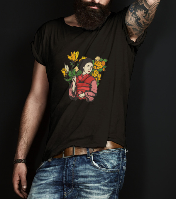 Geisha With Yellow And Orange Flowers T-Shirt