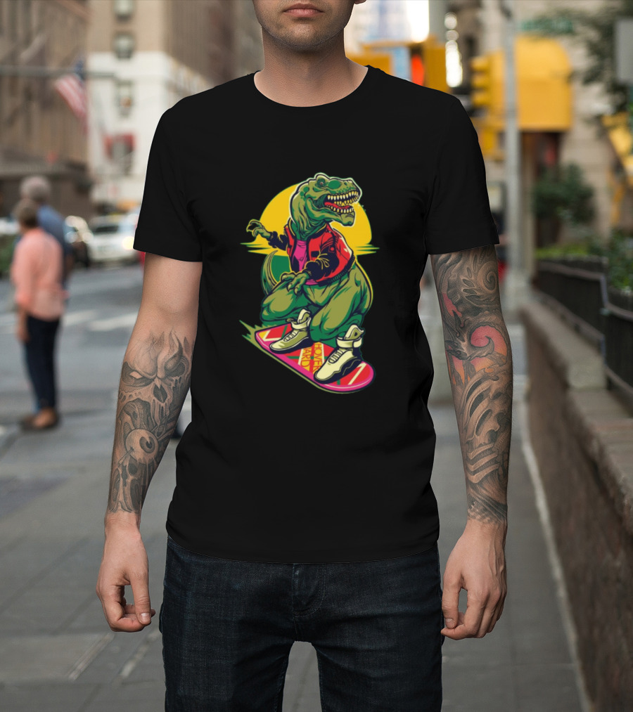 Surfing Rex Dinosaur on Skateboard with Sunset Background T-Shirt