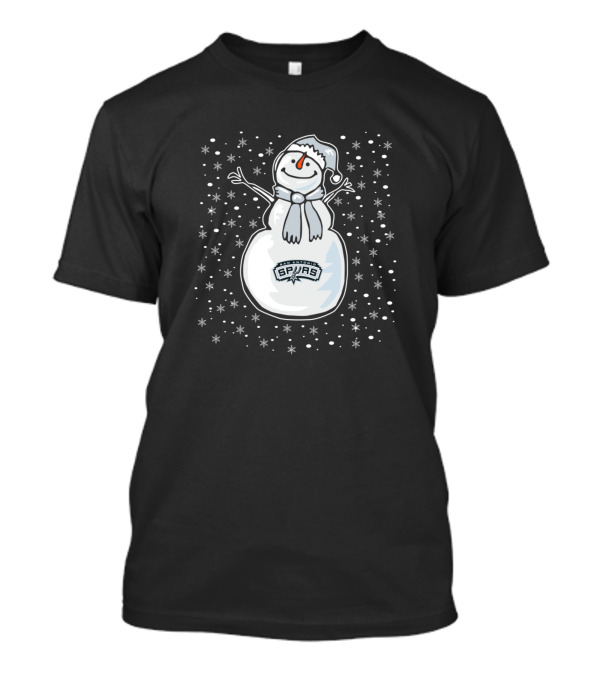 Snowman With San Antonio Spurs Logo Surrounded By Snowflakes On Christmas T-Shirt