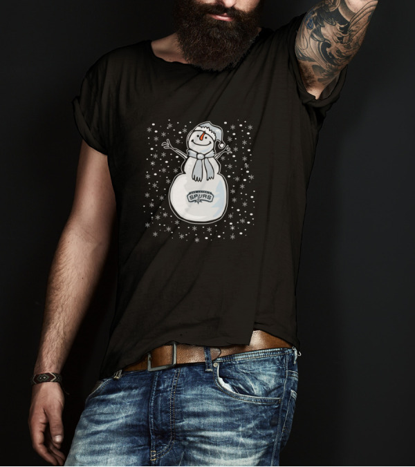 Snowman With San Antonio Spurs Logo Surrounded By Snowflakes On Christmas T-Shirt
